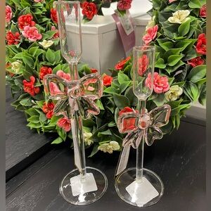 Pink Bow Ribbon Coquette Glass Taper Candle Holders Set of 2 Sizes NWT Valentine